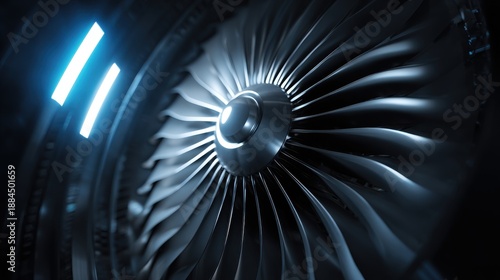 A close up view of a jet engine turbine fan