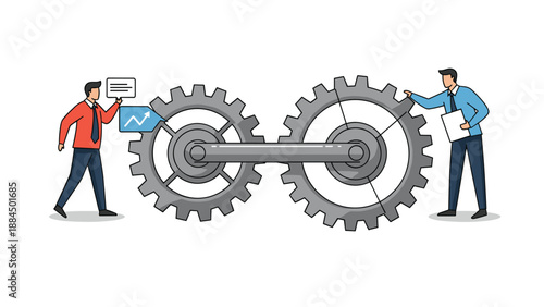 Two business professionals collaborating with large mechanical gears and a rising growth graph for strategic planning.