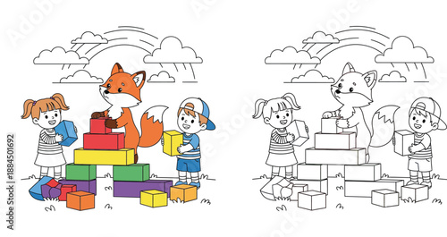 Cute cartoon fox and happy children building colorful toy blocks tower under rainbow vector illustration for kids education and playtime concept