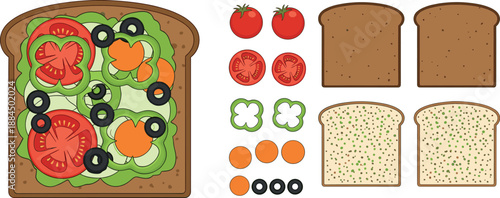 Vector illustration set featuring a loaded vegetable toast and isolated ingredients for customizable healthy breakfast menu designs