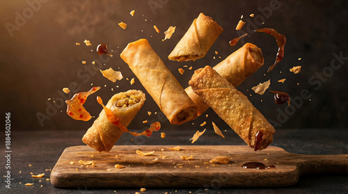 Spring rolls in flight over wooden board