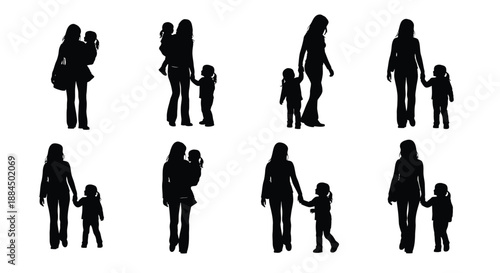 Silhouettes of mothers and children walking together a simple family illustration