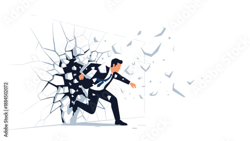 Determined businessman in a suit breaking through a white wall representing breakthrough, success, and overcoming obstacles.