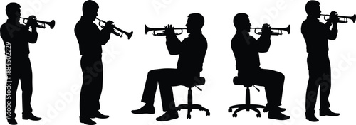 Trumpet player silhouettes set with standing and seated musicians, jazz classical music performance black vector illustration collection
