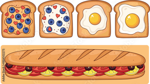 Vector illustration set featuring a long baguette sandwich with blueberry and fried egg toasts for cafe menu designs