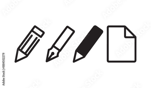 Minimalist Writing and Editing Tool Icons Set Featuring Pencil, Pen, and Paper Document for Creative Work and Education