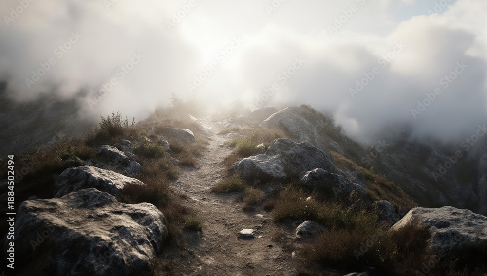 Naklejka premium Rocky mountaintop trail with mist and sunlight