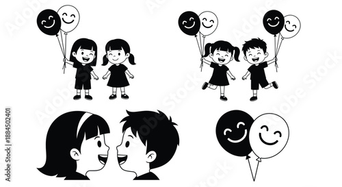 Children with balloons joyful expressions and simple black and white illustrations