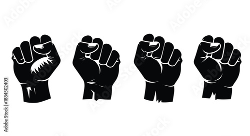 Four raised fists in black silhouette representing solidarity and power