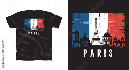 Paris city skyline with eiffel tower and french flag t-shirt design graphics