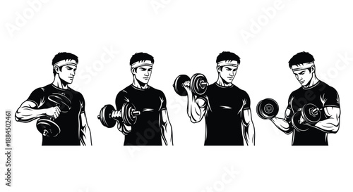 A man performing a bicep curl exercise in four stages of motion