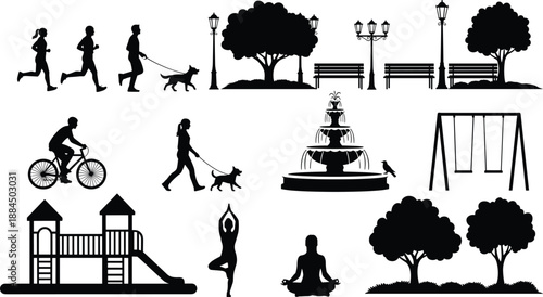 Urban park silhouette icons set, people jogging cycling dog walking, playground fountain trees benches lamps, outdoor recreation lifestyle illustration