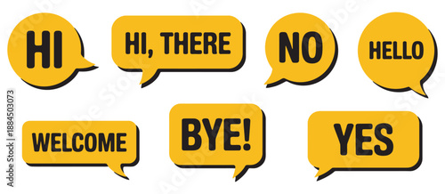 Speech Bubble Icons Set, colorful vector speech balloons with greeting words hello hi welcome yes no bye for social media