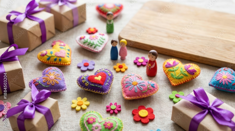 Obraz premium Creative gift wrapping ideas featuring colorful heart-shaped decorations home setting craft content cozy environment top-down viewpoint handmade concept for personal touch