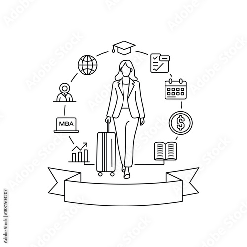 Business woman walking with luggage surrounded by icons representing education career and finance progression