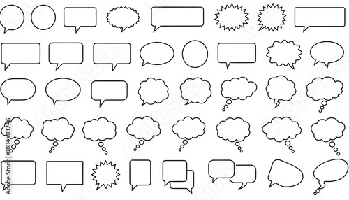 Large collection of black outline speech and thought bubbles vector illustration for communication isolated PNG with Transparent Background