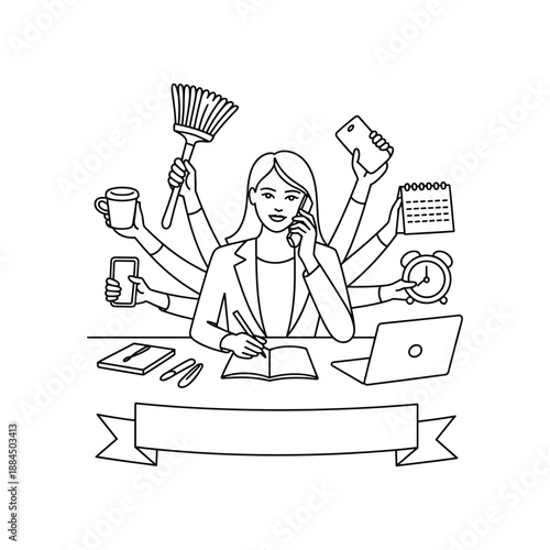 Busy woman with many arms performing multiple tasks simultaneously with multitasking and efficiency concept
