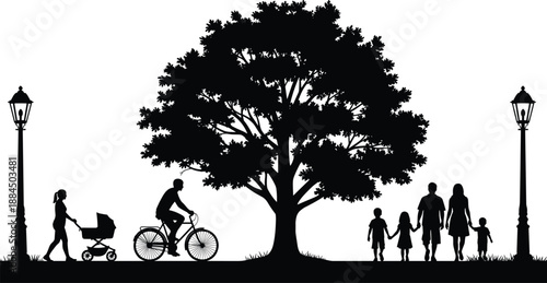 Family silhouettes enjoying leisure time in city park with large tree, cycling and walking together, peaceful urban lifestyle vector illustration
