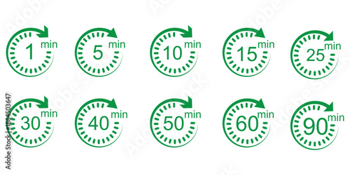 Timer, clock, stopwatch isolated set icons. Countdown timer symbol icon set. Label cooking time. Vector illustration.Set of analog clocks for every hour icon.Stopwatch icon from 1 to 60 minute timer