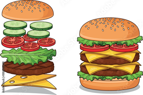 Vector illustration set featuring a realistic double cheeseburger and a deconstructed exploded burger with fresh floating food ingredients