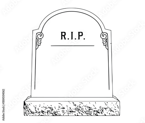 A blank tombstone illustration with "R.I.P." written at the top. The headstone features curled carvings on its sides, conveying a solemn and respectful tone.