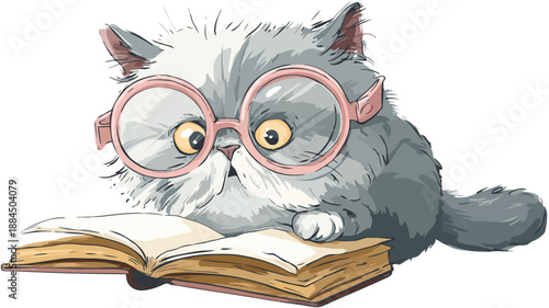 Cute Funny Cat Reading Book on White Background Vector with Outline