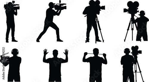 Video production crew silhouettes set, cameraman director filming actions, cinema television media workflow black vector illustration collection