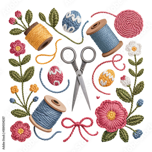 The image features an arrangement of sewing tools, including scissors and thread spools, surrounded by colorful floral patterns.
