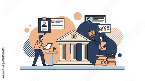 Modern Bank Illustration Depicting Financial Transactions and Banking Activities.