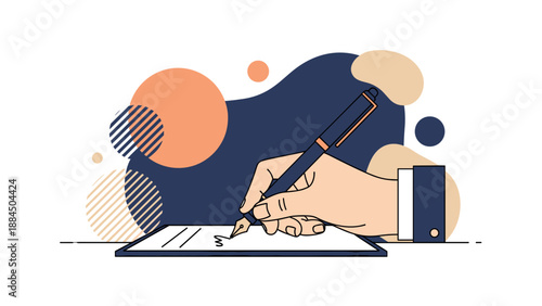 Illustration of a hand signing a document with a fountain pen.