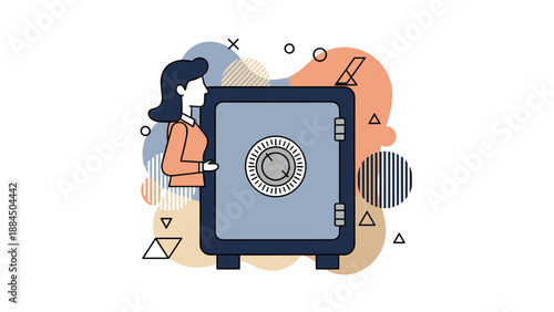 Woman Securely Holding a Large Closed Steel Safe for Protection.