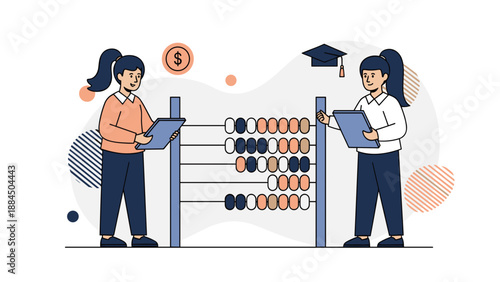 Two Young Women Using Abacus and Tablet for Education and Finance.