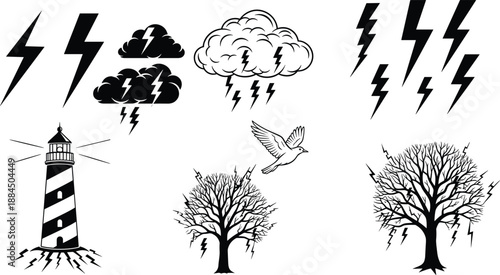 Lightning storm vector icons with thunder clouds bolts trees lighthouse bird black white weather symbols illustration set collection design elements
