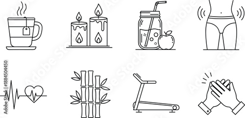 Black And White Linear Vector Icon Set Featuring Wellness Elements Like Herbal Tea Candles Smoothies Fitness Training Bamboo And Heartbeat Symbols For Health