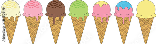 Vector illustration set featuring a row of seven diverse ice cream waffle cones with various flavors and melting toppings