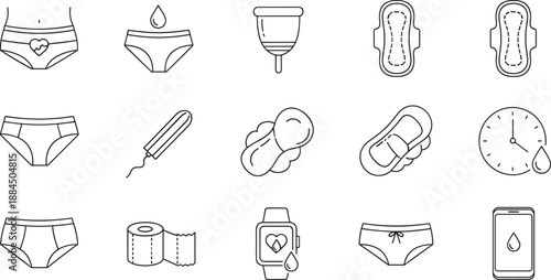 Black And White Linear Vector Icon Set Featuring Feminine Hygiene Products Like Tampons Menstrual Cups Pads Panties And Health Tracking For Wellness Design