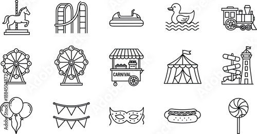 Black And White Linear Vector Icon Set Featuring Amusement Park Rides Like Roller Coasters Ferris Wheels Carousels And Carnival Food For Fun Event Design
