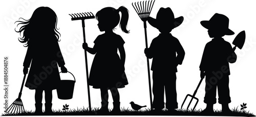 Silhouette of children gardening together with tools outdoors representing teamwork learning nature childhood farming education concept illustration for rural lifestyle