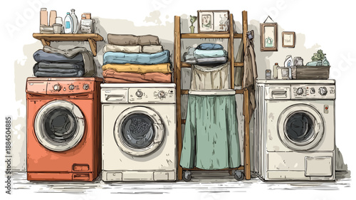 Modern Laundry Room Design Vector Art and Illustration with Outline Elements