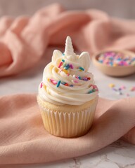 Unicorn cupcake with vanilla icing and colorful sprinkles on a cloth
