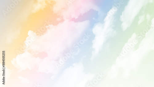 Pastel sky background with white clouds.