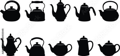 Teapot, kettle, silhouette, set, collection, isolated, white, background, kitchen, utensil, tea, coffee, vintage, modern, design, vector, illustration, black, shape, icon