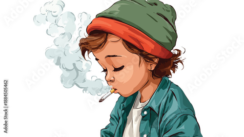 Young Boy Smoking on White Background Vector Illustration