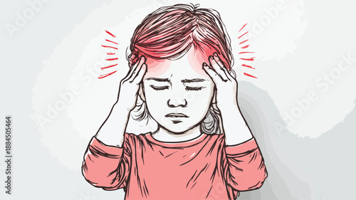 Young Girl with Headache Holding Head Vector Illustration