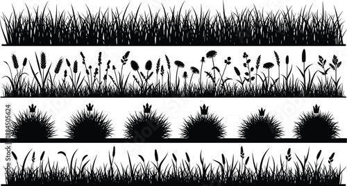 Wild grass silhouette border set, meadow plants, floral outlines, botanical nature elements, black vector illustration collection