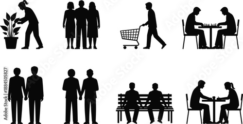 Black human silhouette icons set, people activities, social interaction scenes, lifestyle concepts, family couple shopping chess meeting illustration