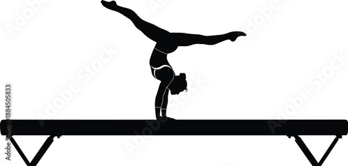 Silhouette of female gymnast performing handstand split on balance beam, minimalist athletic training concept isolated on white background
