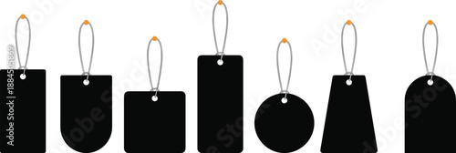 Blank tag silhouettes collection, various hanging label shapes, black isolated price tags set, retail branding mockup illustration design