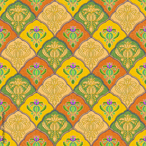 Ethnic seamless pattern with purple and blue geometric tribal motifs. Traditional Navajo style fabric texture for bohemian rug, fashion apparel, and modern interior decoration.