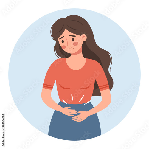 Sad woman suffering from abdominal pain and discomfort. Healthcare and medicine illustration.